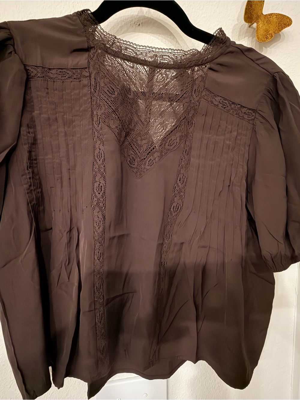 Lace-Trim Pintuck Blouse in Chocolate Brown shorter top